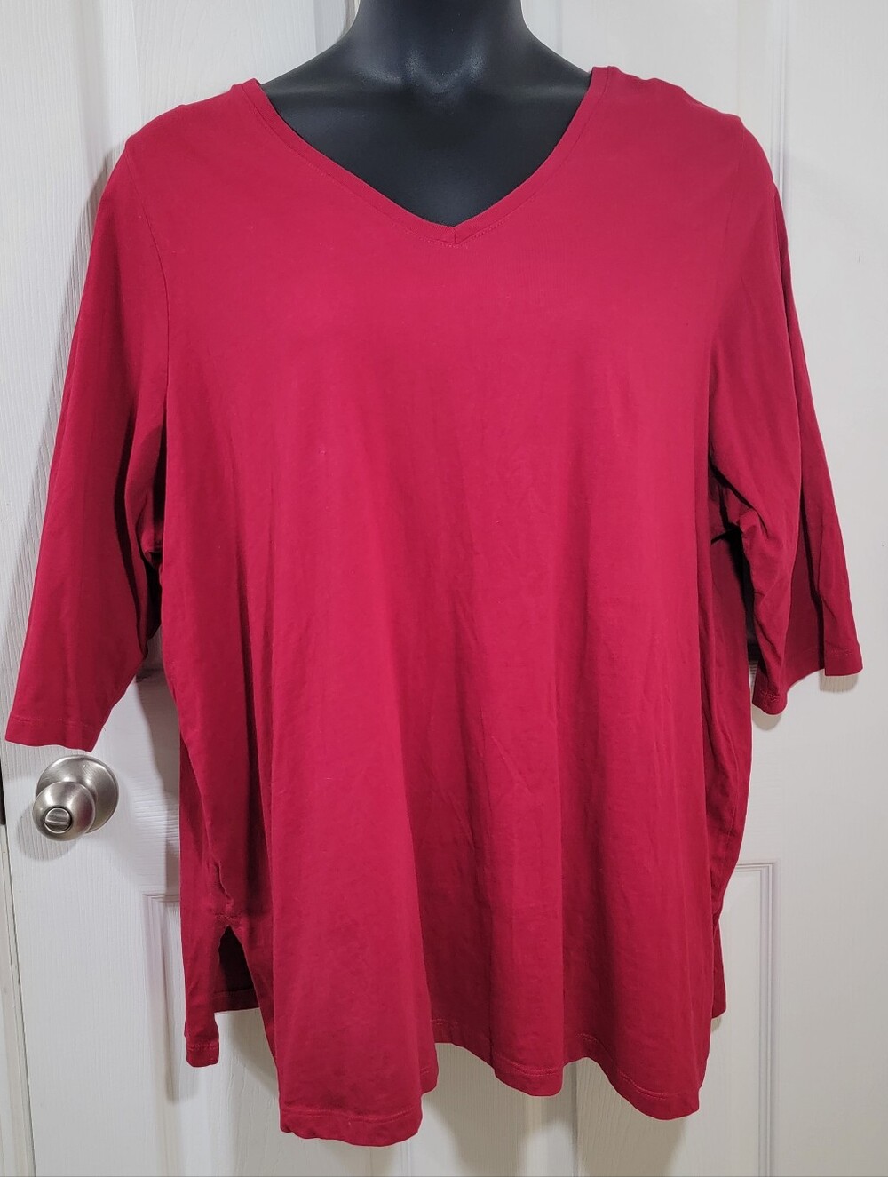Woman Within 30/32 Women's Red Tee Three-Quarter Sleeve V-Neck T-Shirt 3X 100% C